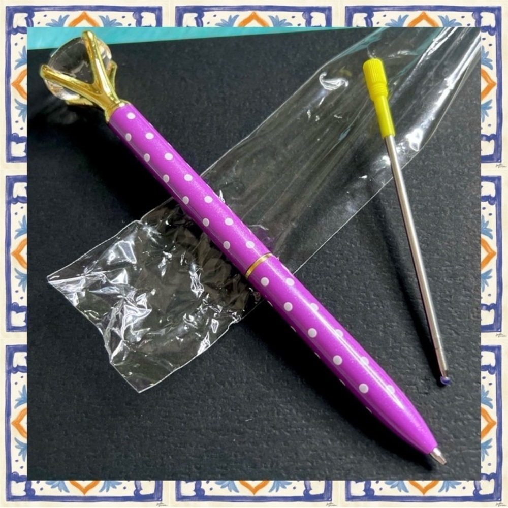 Diamond Top Metallic Purple Polka Dot Metal Ballpoint Pen & Black Ink Refill